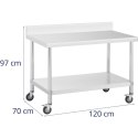 Stół metalowy gastronomiczny na kółkach z półką i rantem STAL 70 x 120 cm Royal Catering