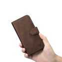 2w1 etui skórzany pokrowiec z klapką iPhone 14 Plus Anti-RFID Oil Wax Wallet Case ciemno-brązowy ICARER