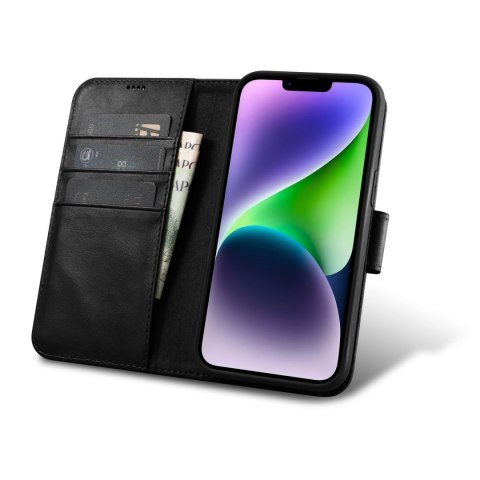 2w1 etui skórzany pokrowiec z klapką iPhone 14 Plus Anti-RFID Oil Wax Wallet Case czarny ICARER