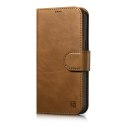 2w1 etui skórzany pokrowiec z klapką iPhone 14 Plus Anti-RFID Oil Wax Wallet Case jasno-brązowy ICARER