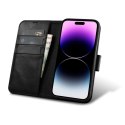 2w1 etui skórzany pokrowiec z klapką iPhone 14 Pro Anti-RFID Oil Wax Wallet Case czarny ICARER