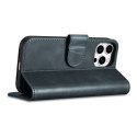 2w1 etui skórzany pokrowiec z klapką iPhone 14 Pro Anti-RFID Oil Wax Wallet Case niebieski ICARER